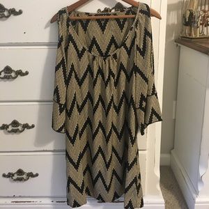 Tan and black chevron cold shoulder dress